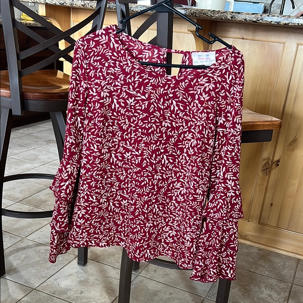 Red and White Ruffled Blouse with Relaxed Fit